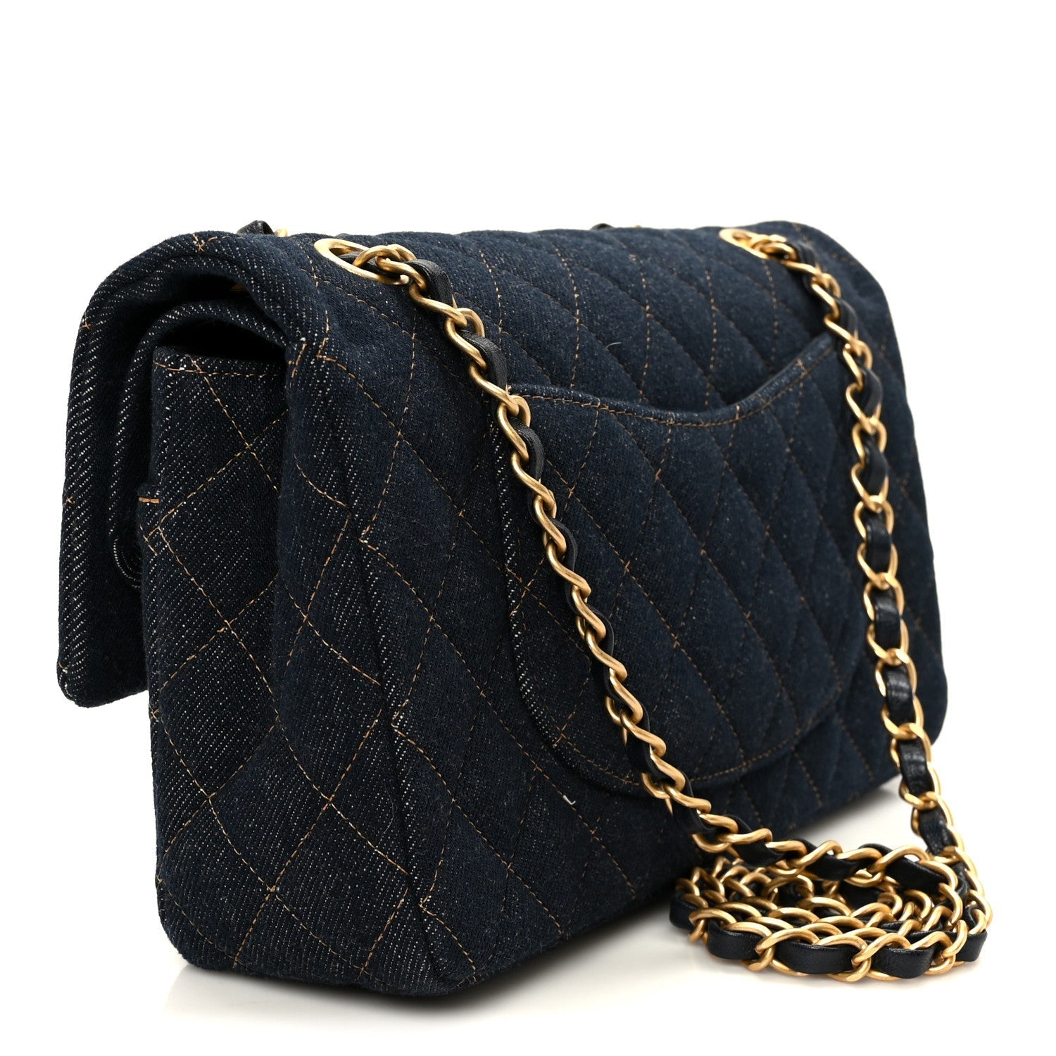 Denim Quilted Medium Double Flap Dark Blue