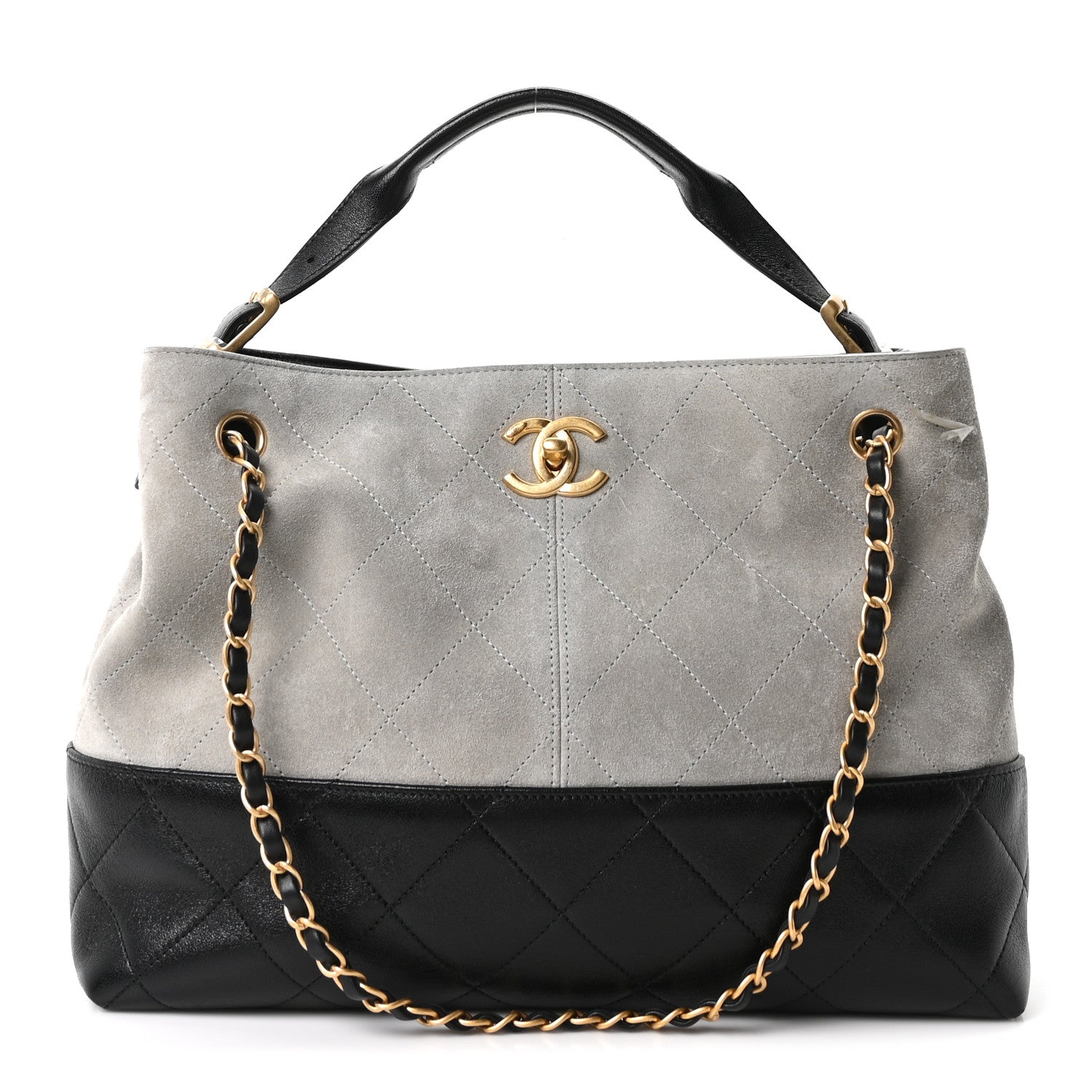 Suede Calfskin Shiny Lambskin Quilted Small Coco Base Shopping Bag Grey Black