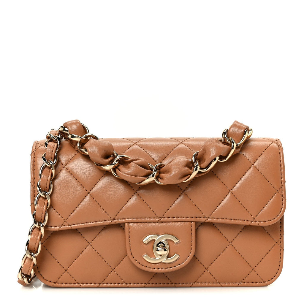 Shiny Lambskin Quilted Mini Flap Brown