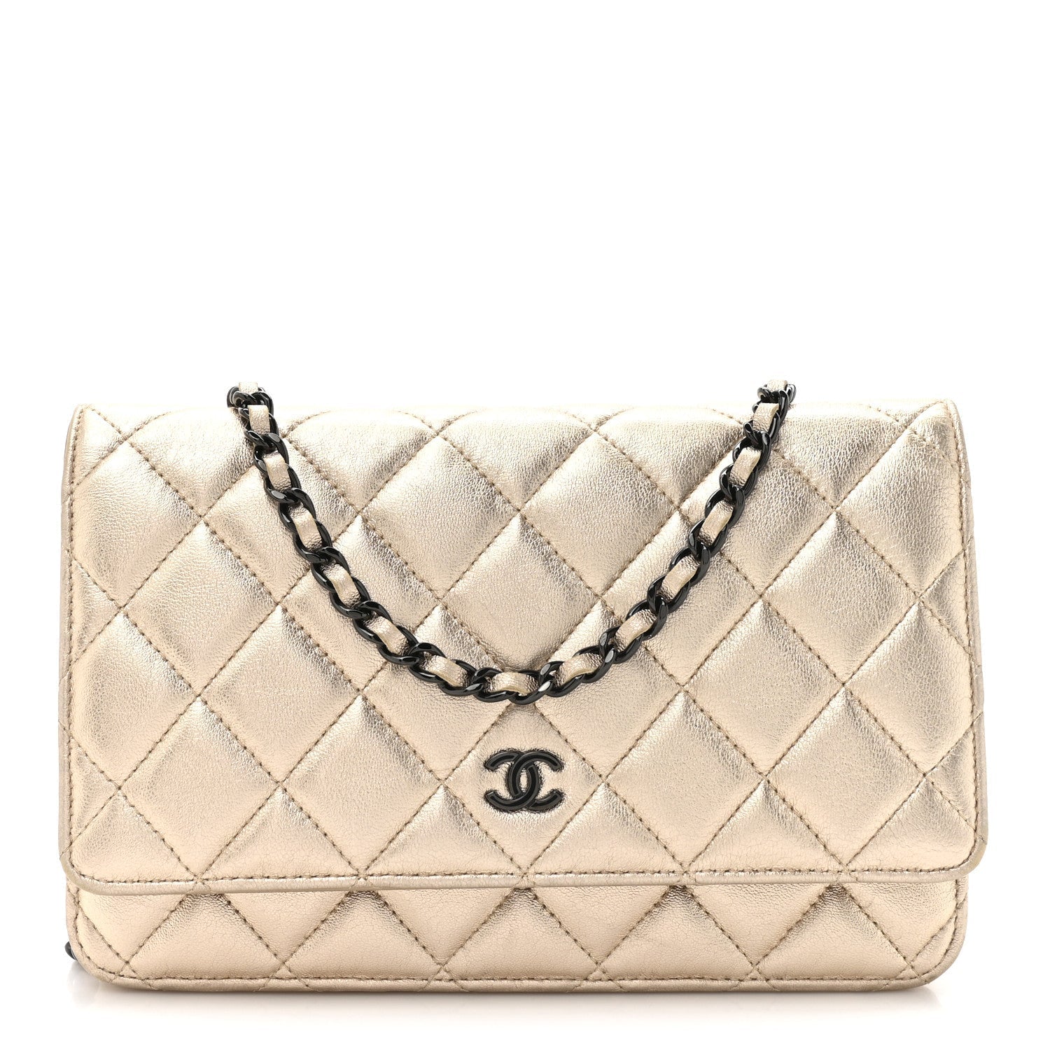 Metallic Lambskin Quilted Wallet On Chain WOC Gold Black