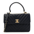 Lambskin Chevron Quilted Small Trendy CC Flap Dual Handle Bag Navy