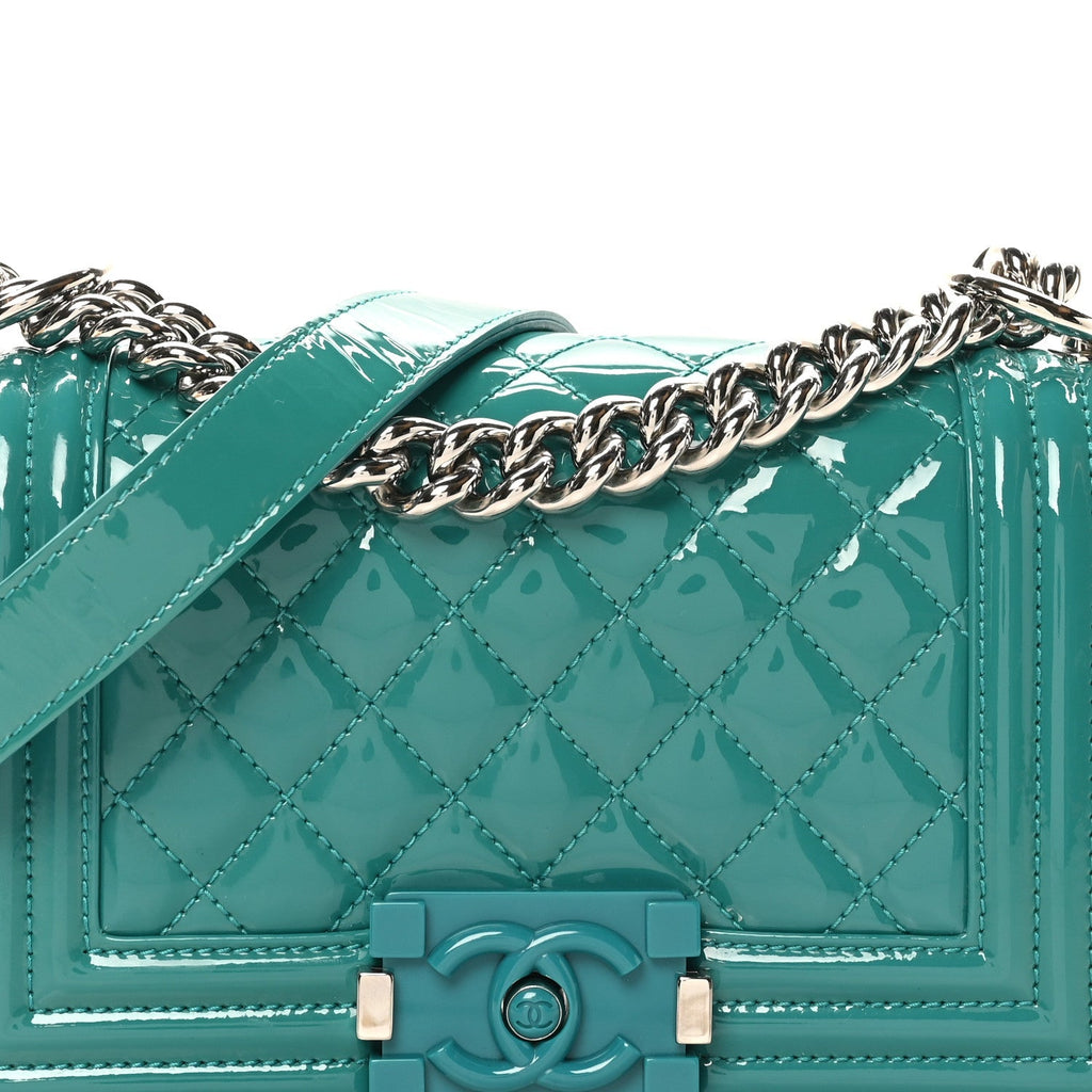 Patent Calfskin Quilted Small Plexiglass Boy Flap Green