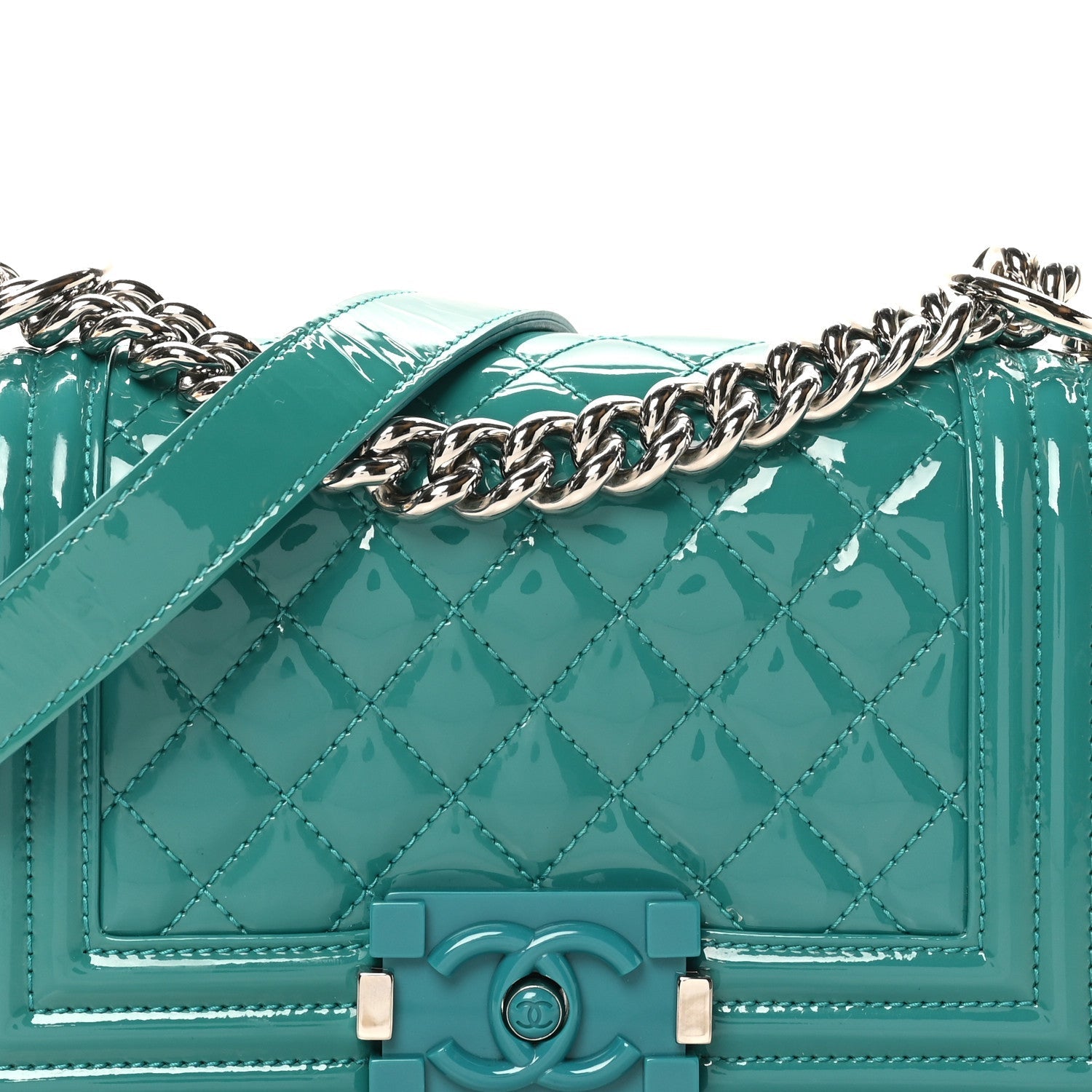 Patent Calfskin Quilted Small Plexiglass Boy Flap Green