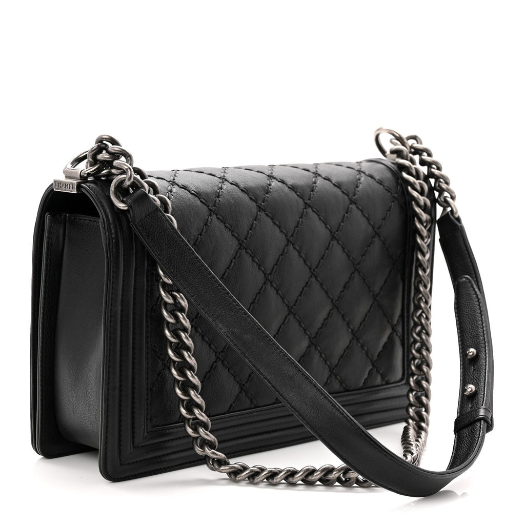 Calfskin Quilted Double Stitched New Medium Boy Flap Black