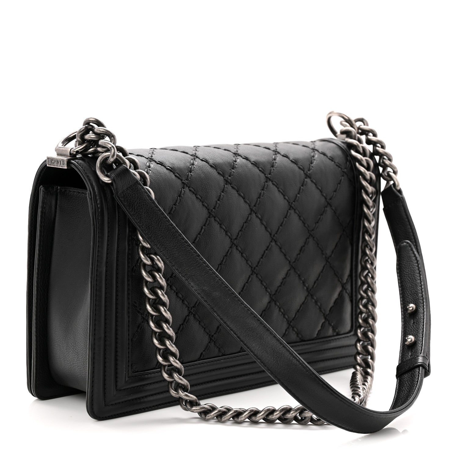 Calfskin Quilted Double Stitched New Medium Boy Flap Black