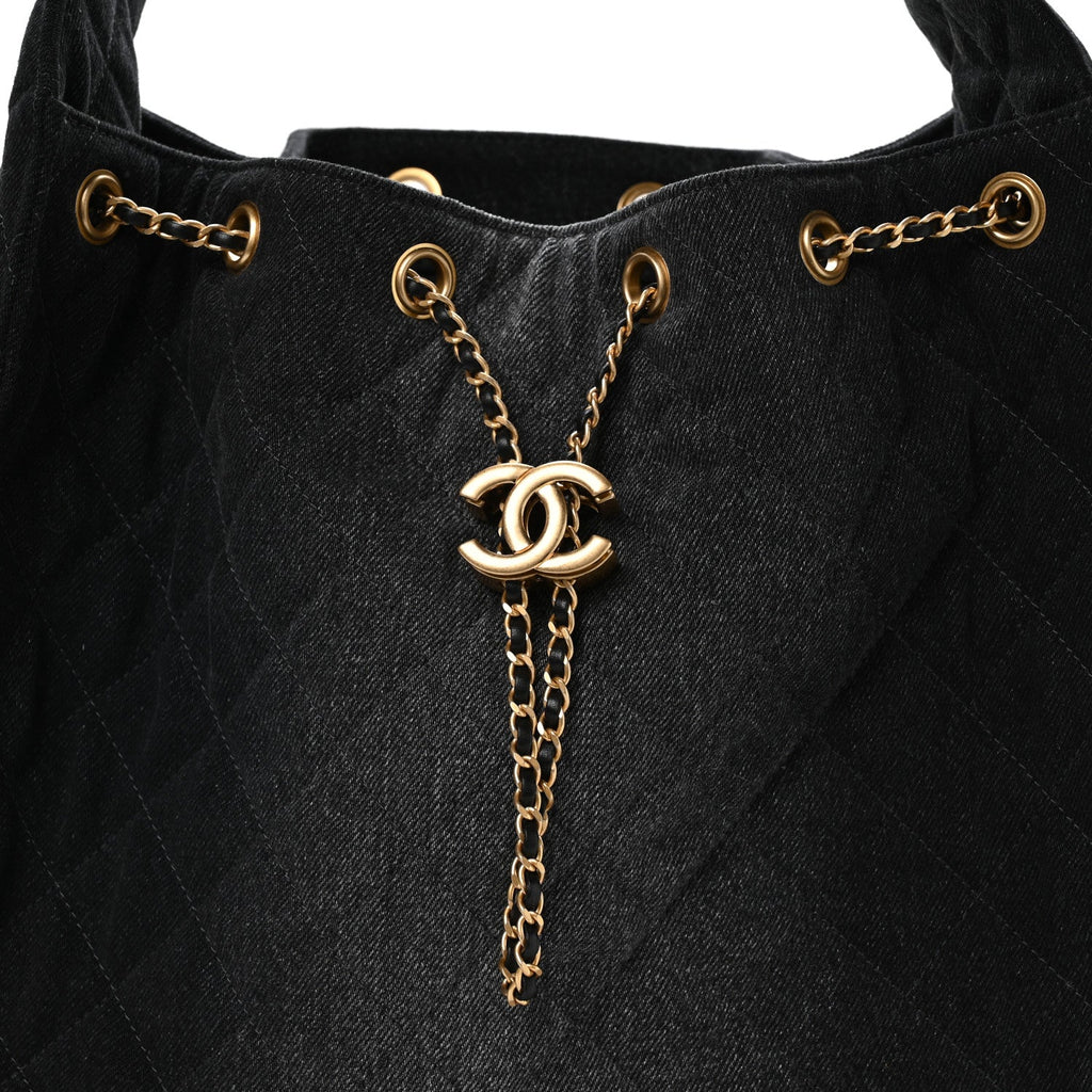 Washed Denim Quilted Medium Chanel 25 Handbag Black