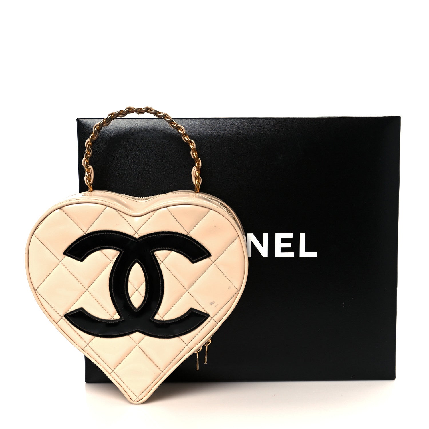 Patent Quilted CC Barbie Heart Vanity Case Beige