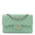 Caviar Quilted Small Double Flap Light Green