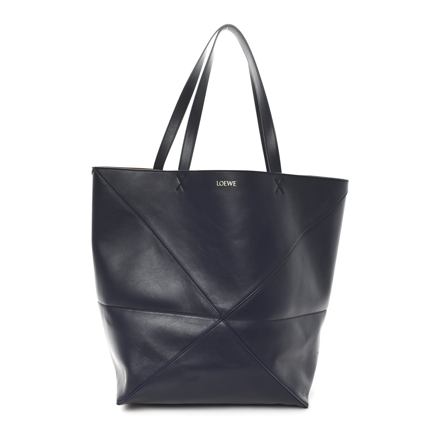 Shiny Calfskin Large Puzzle Fold Tote Abyss Blue