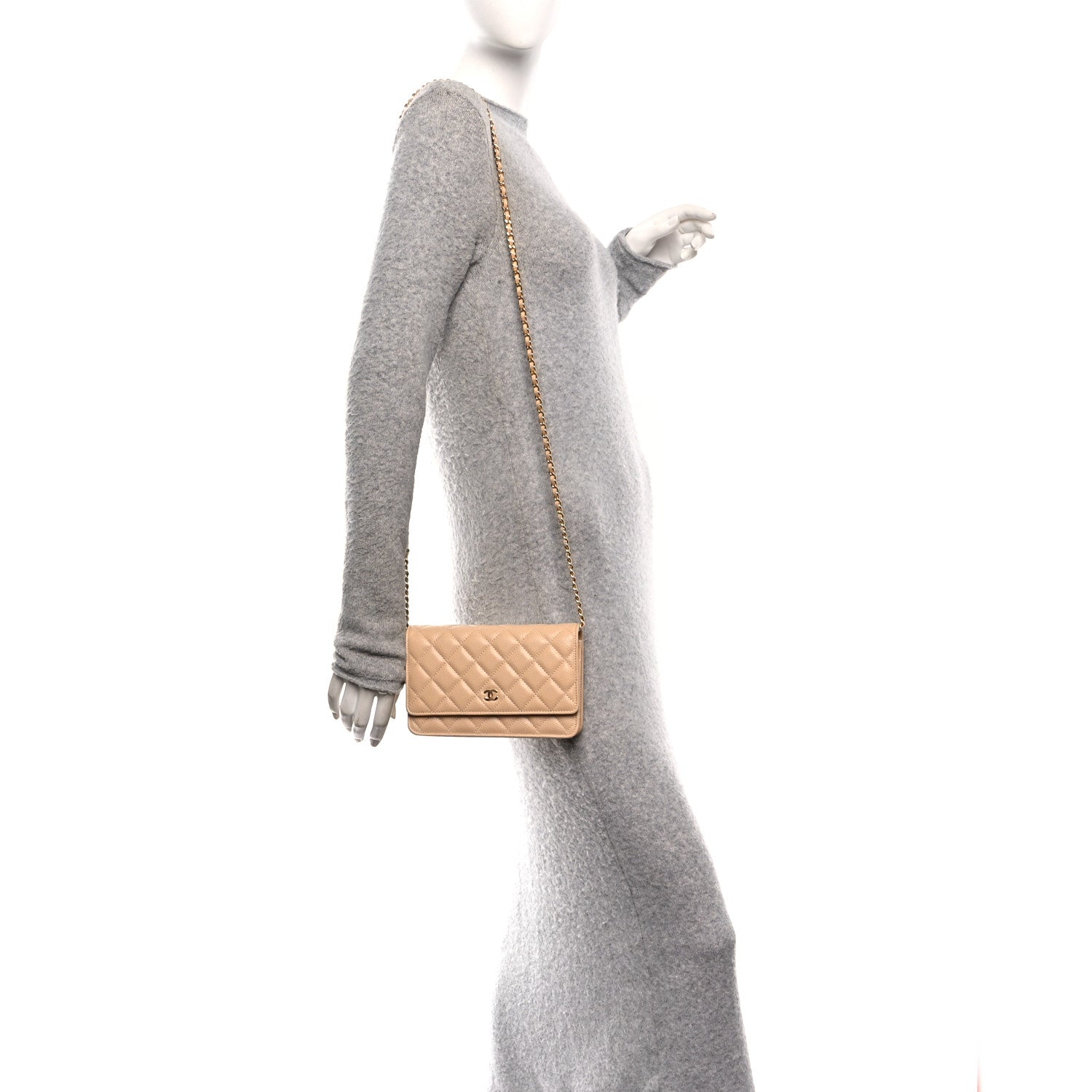 Caviar Quilted Wallet on Chain WOC Beige
