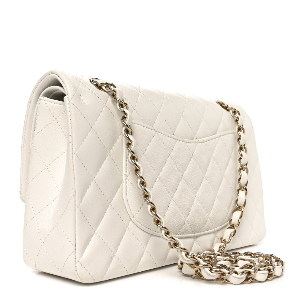 Caviar Quilted Medium Double Flap White