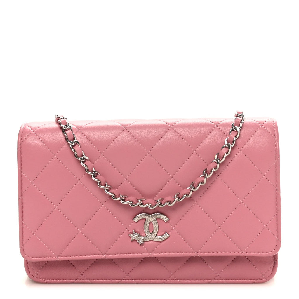Lambskin Quilted Crystal Star Wallet On Chain WOC Pink