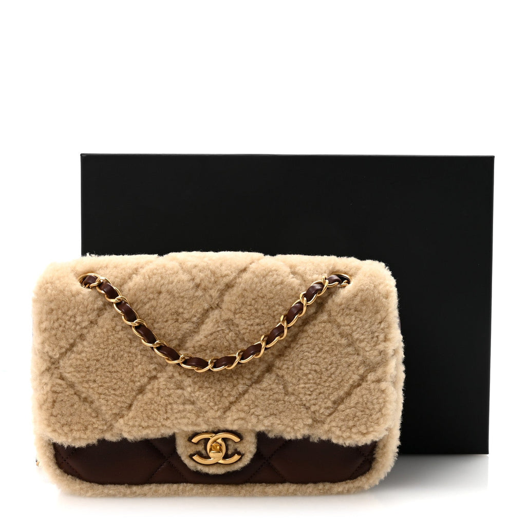 Shearling Lambskin Quilted Furry Coco Flap Beige Dark Brown