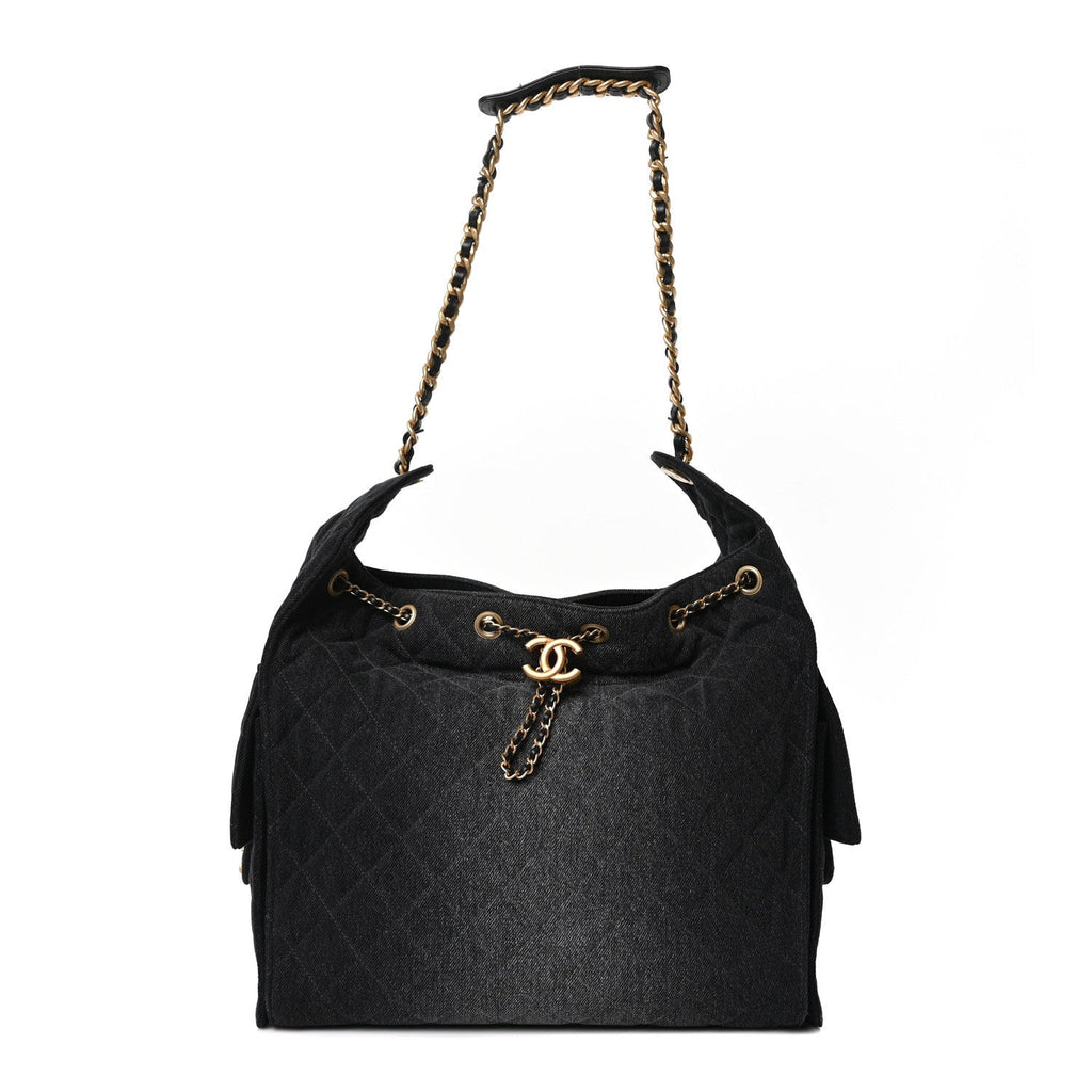 Washed Denim Quilted Medium Chanel 25 Handbag Black
