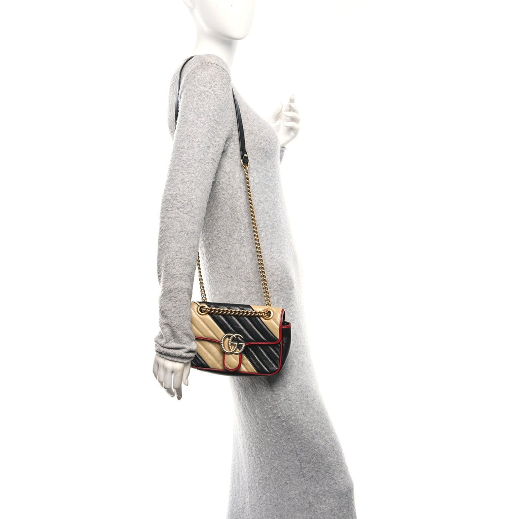 Vintage Effect Calfskin Matelasse Diagonal Striped Mini Torchon GG Marmont Shoulder Bag Black Beige