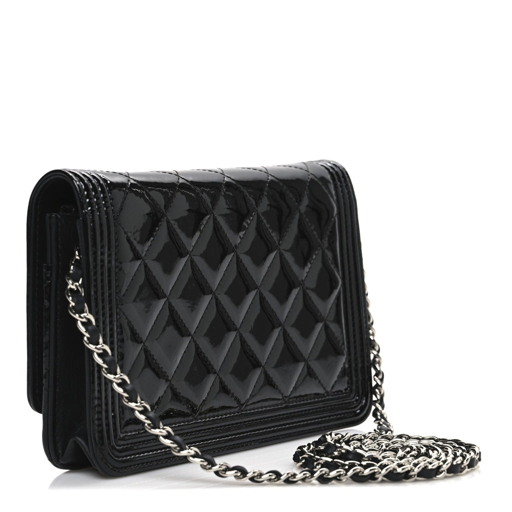 Patent Calfskin Quilted Boy Wallet On Chain WOC Black