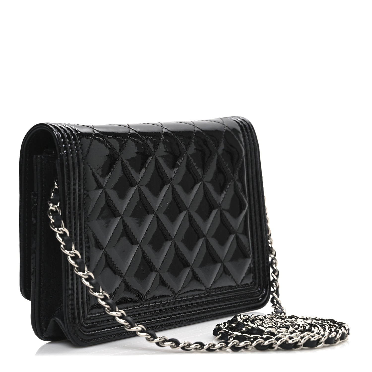 Patent Calfskin Quilted Boy Wallet On Chain WOC Black