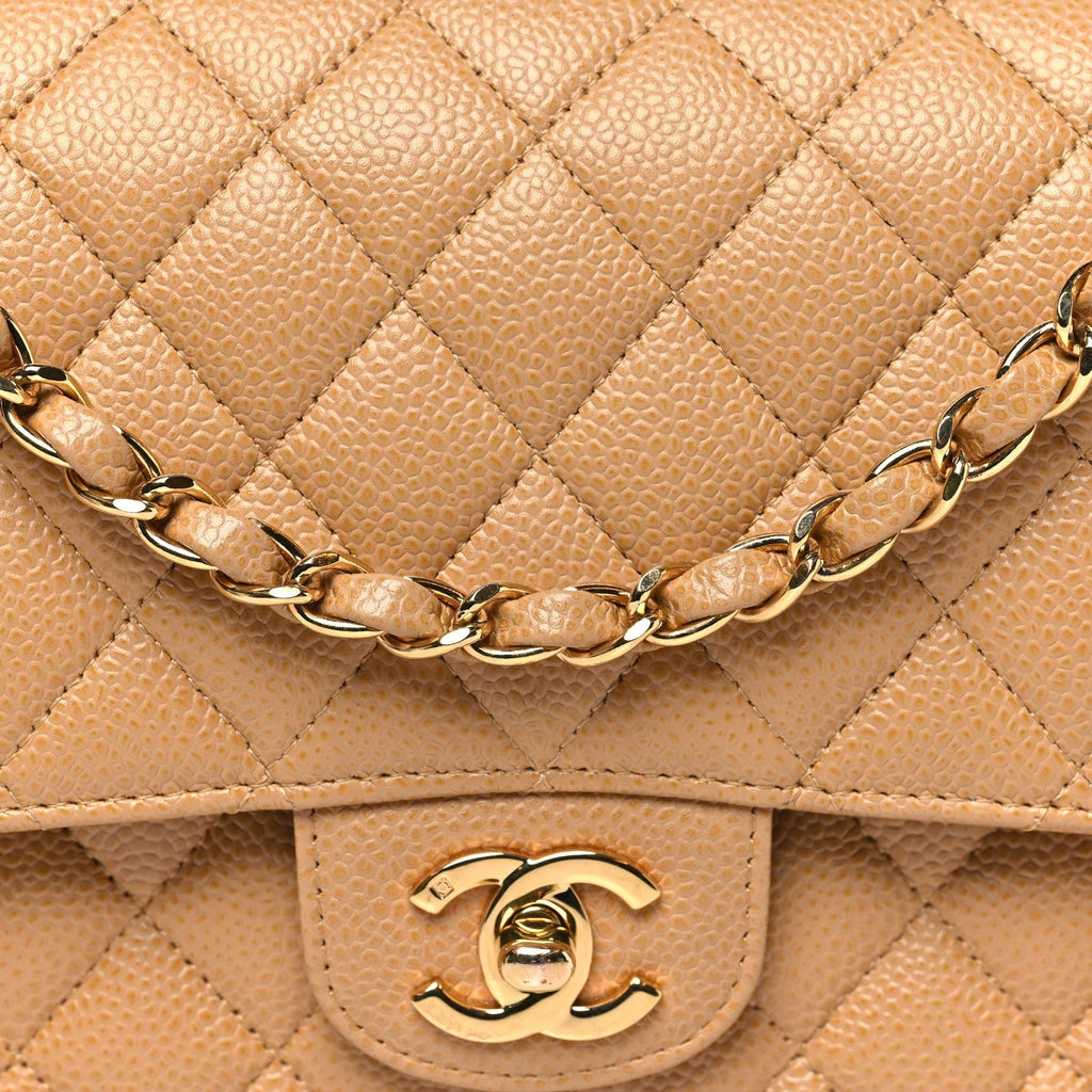 Caviar Quilted Medium Double Flap Beige