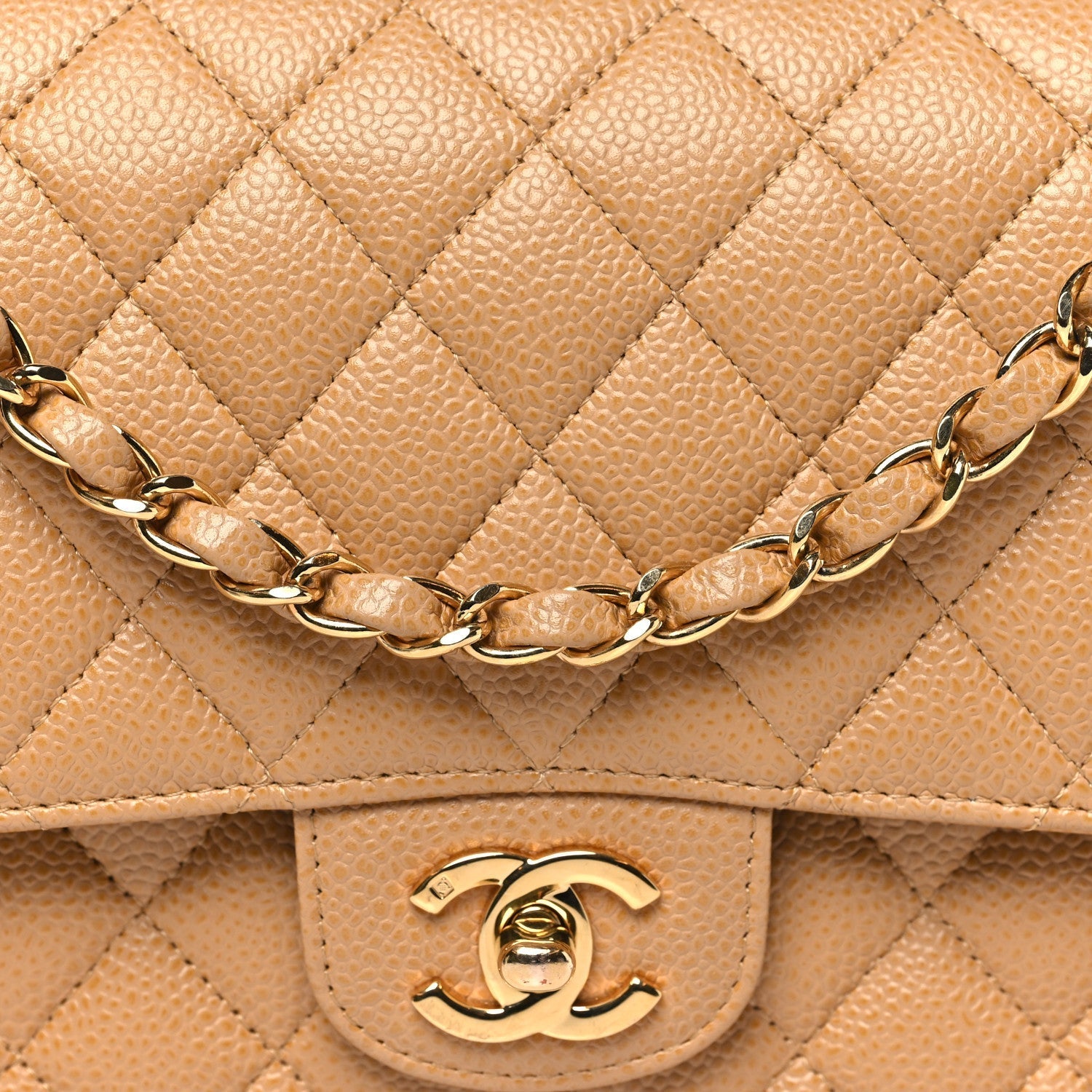 Caviar Quilted Medium Double Flap Beige