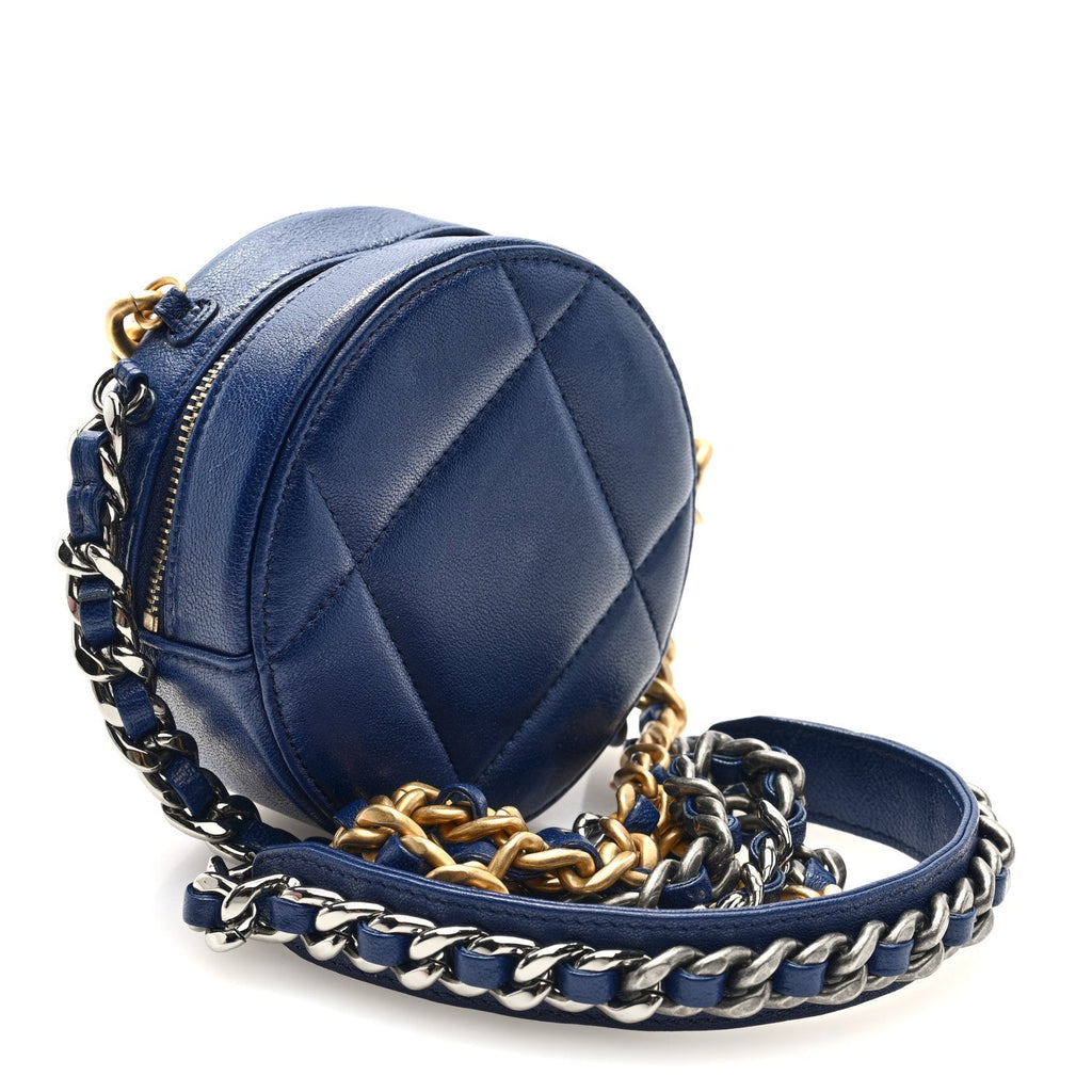 Lambskin Quilted Chanel 19 Round Clutch With Chain  Navy
