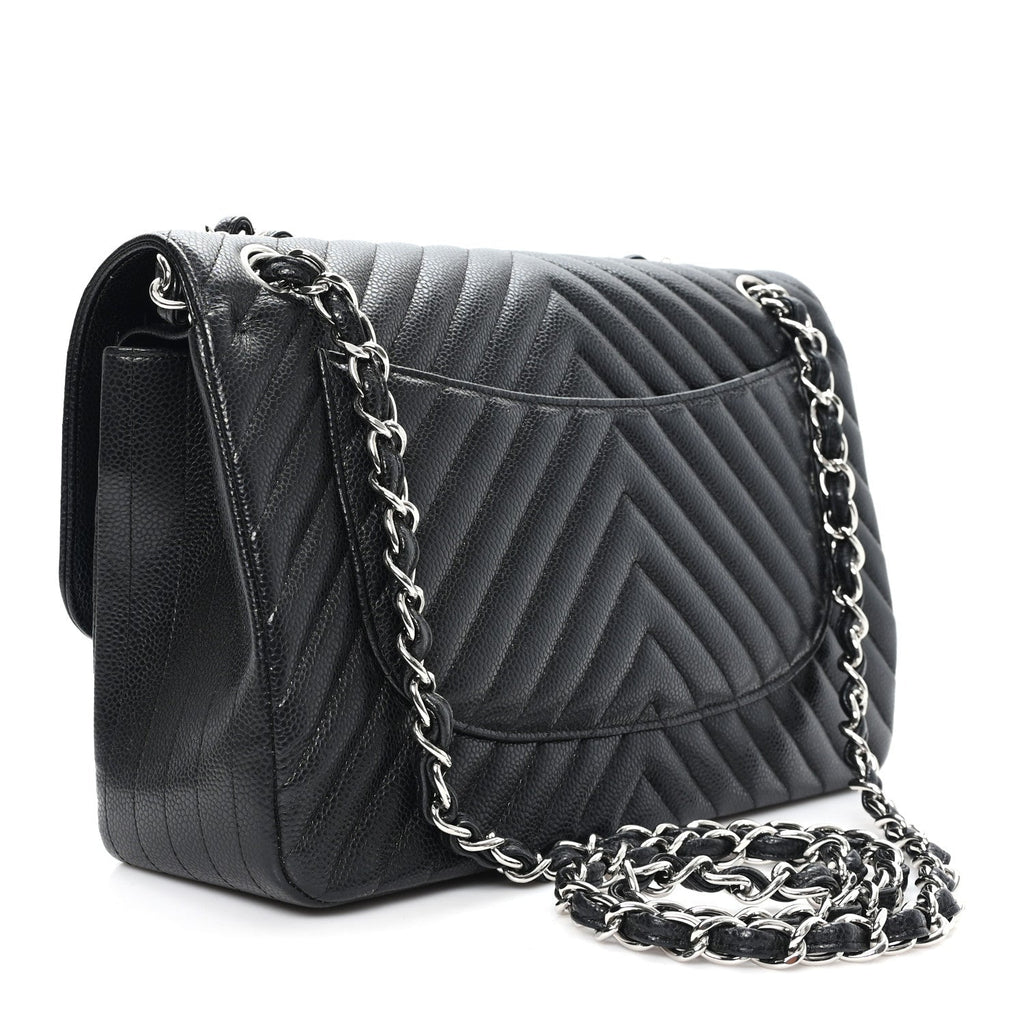 Caviar Chevron Quilted Jumbo Double Flap Black