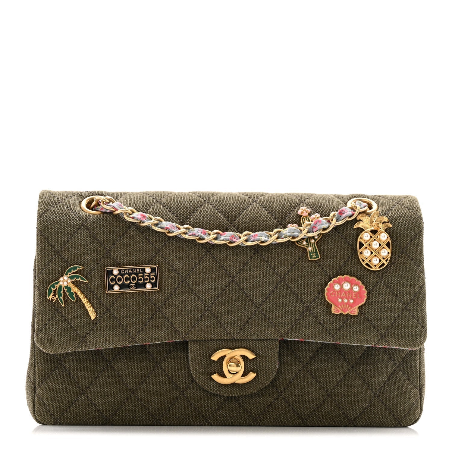 Canvas Quilted Coco Cuba Charms Medium Double Flap Khaki