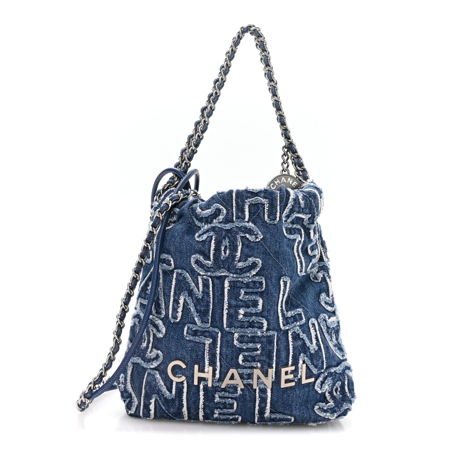 Washed Denim Logo Embroidered Mini Chanel 22 Blue