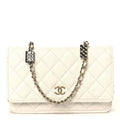 Shiny Caviar Quilted Flap Charm Wallet On Chain WOC White