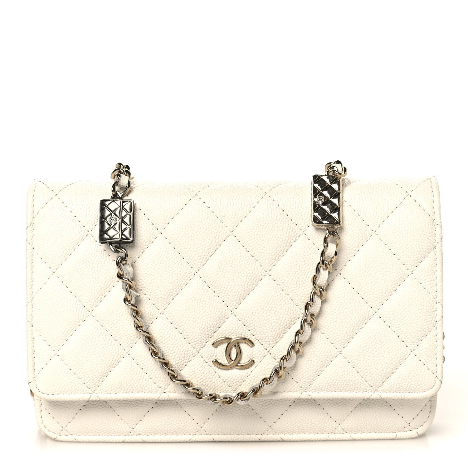Shiny Caviar Quilted Flap Charm Wallet On Chain WOC White