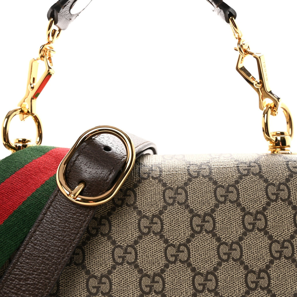 GG Supreme Monogram Textured Dollar Calfskin Web Medium Blondie Top Handle Shoulder Flap Bag Beige Ebony New Acero