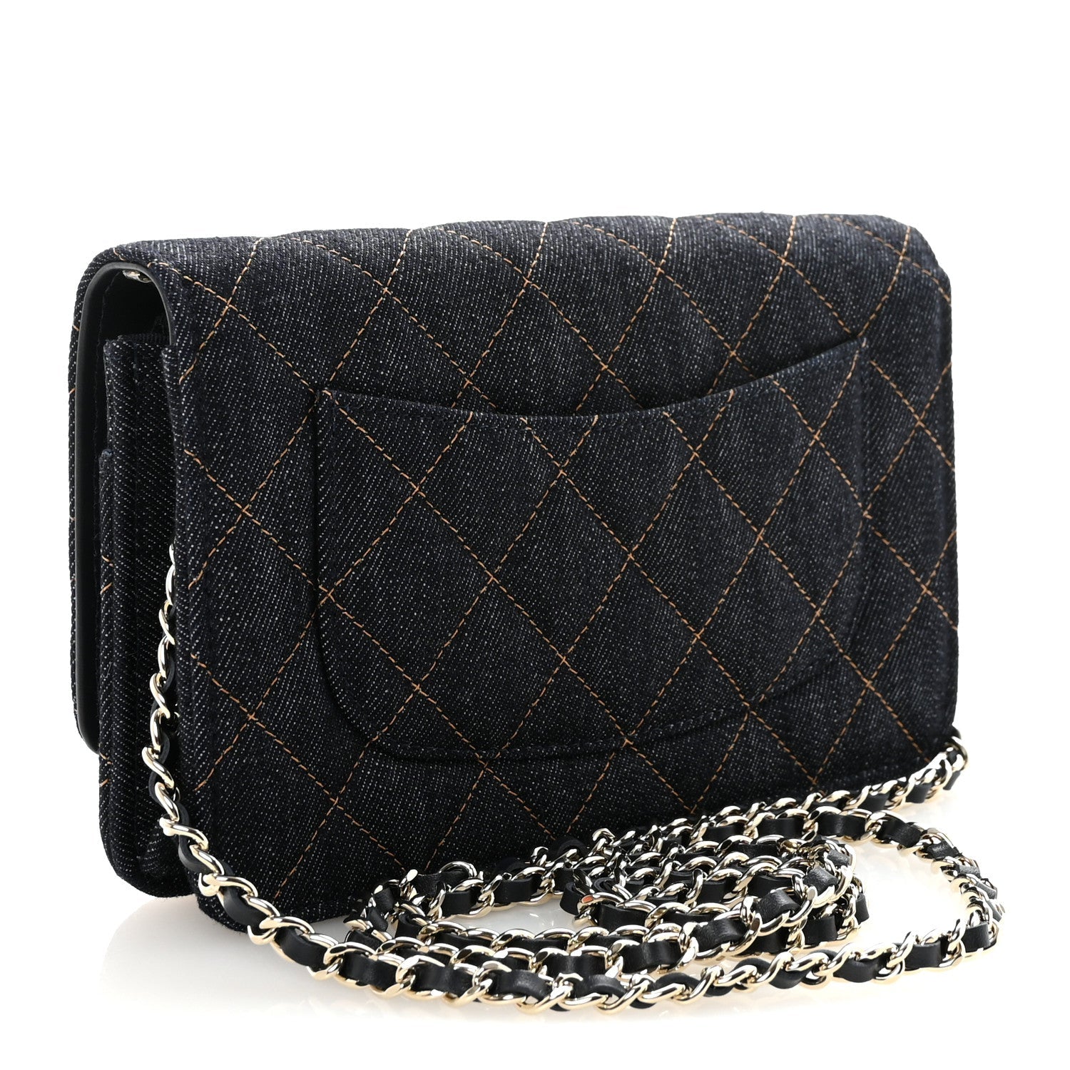 Denim Quilted CC Turnlock Wallet On Chain WOC Dark Blue Orange
