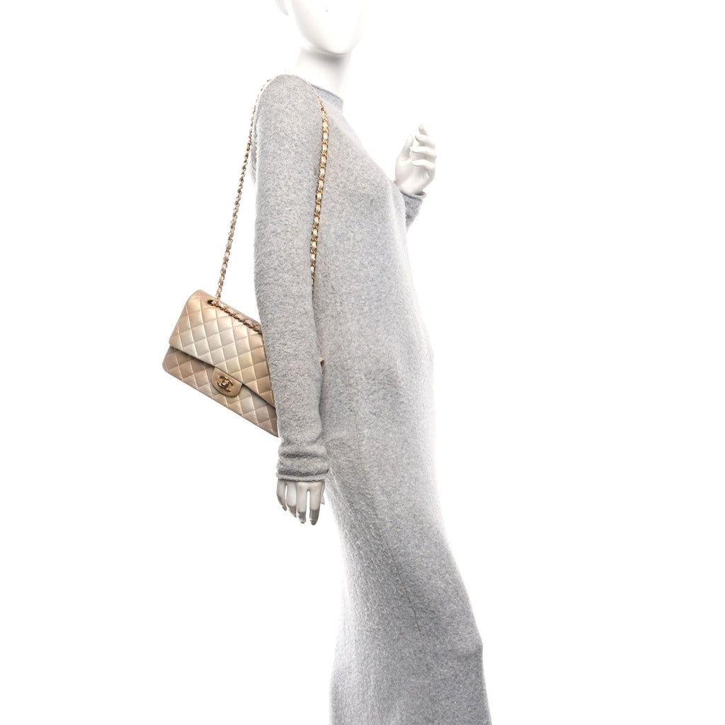 Metallic Goatskin Quilted Ombre Medium Double Flap Gold