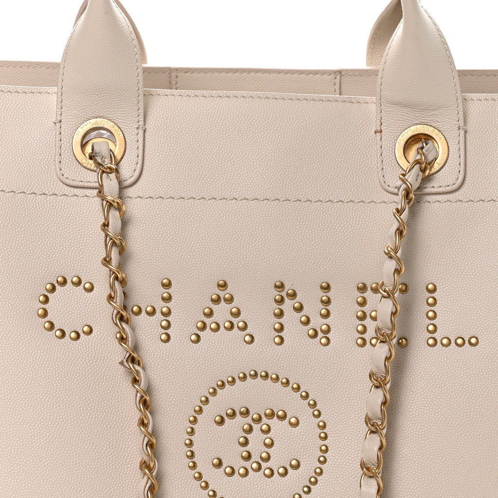 Caviar Small Studded Deauville Tote Ivory
