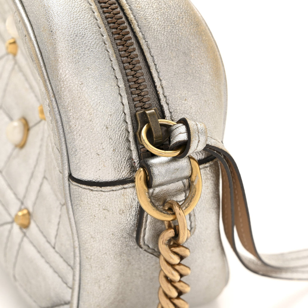 Metallic Calfskin Matelasse Studded Small Pearly GG Marmont Chain Shoulder Bag Silver