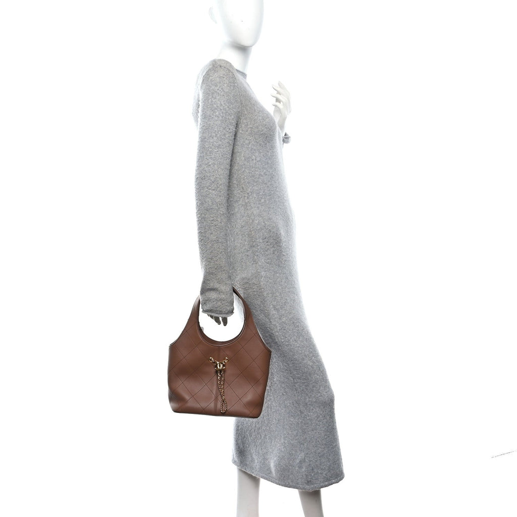 Calfskin Quilted Small Shopping Bag Brown