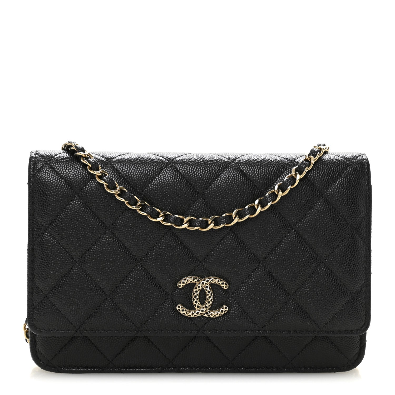 Caviar Quilted Perforated Metal CC Wallet On Chain WOC Black