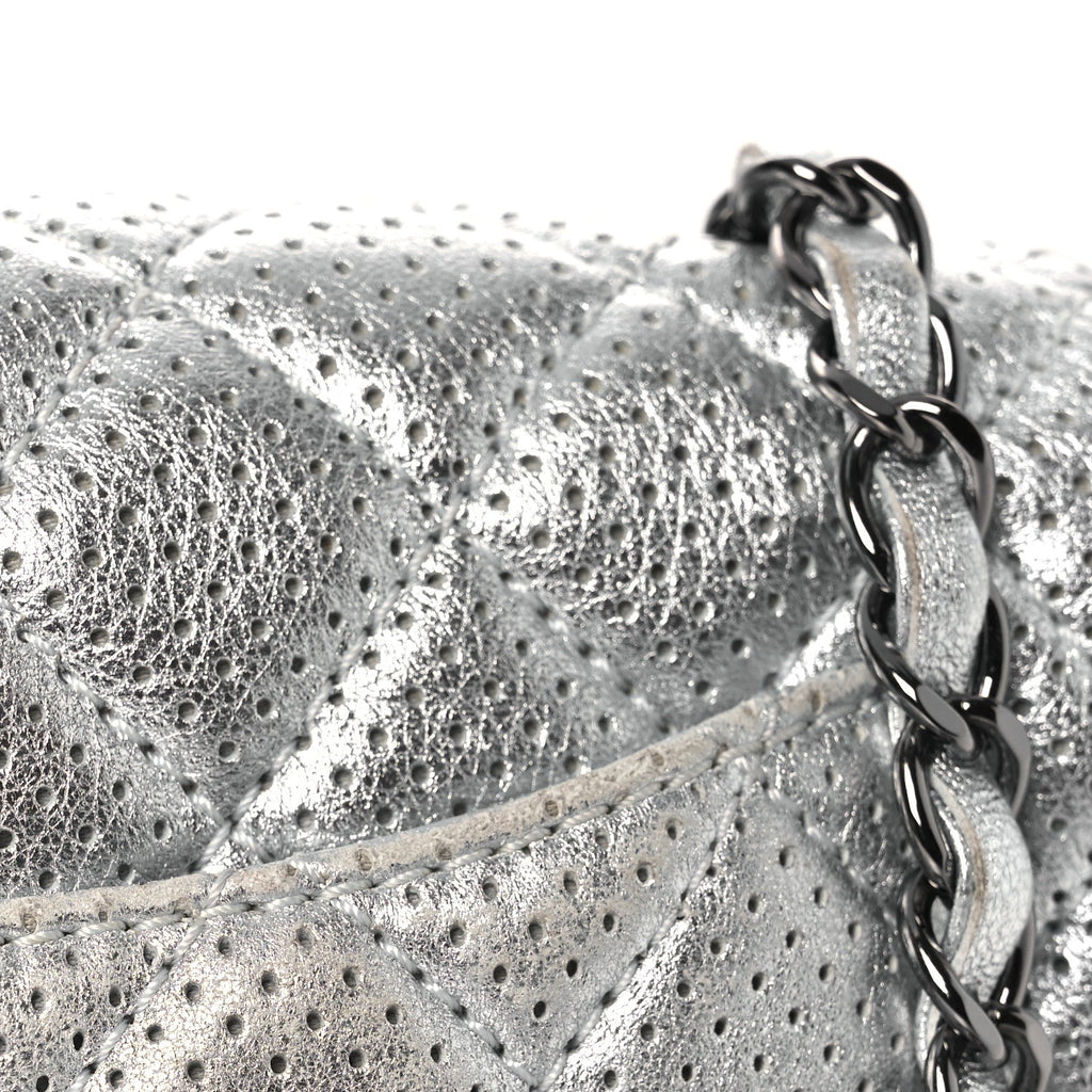 Metallic Lambskin Perforated Mini Rectangular Flap Silver