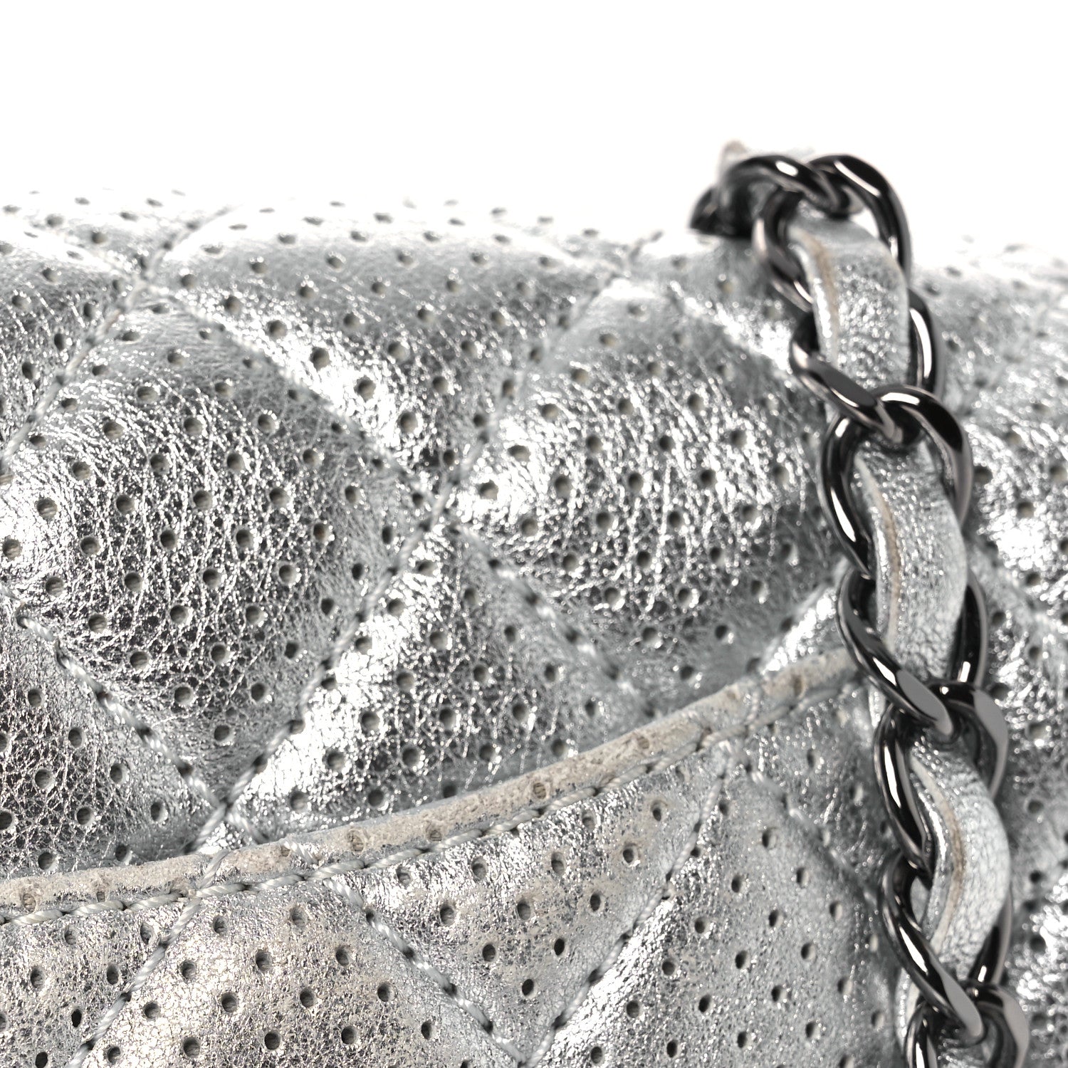 Metallic Lambskin Perforated Mini Rectangular Flap Silver