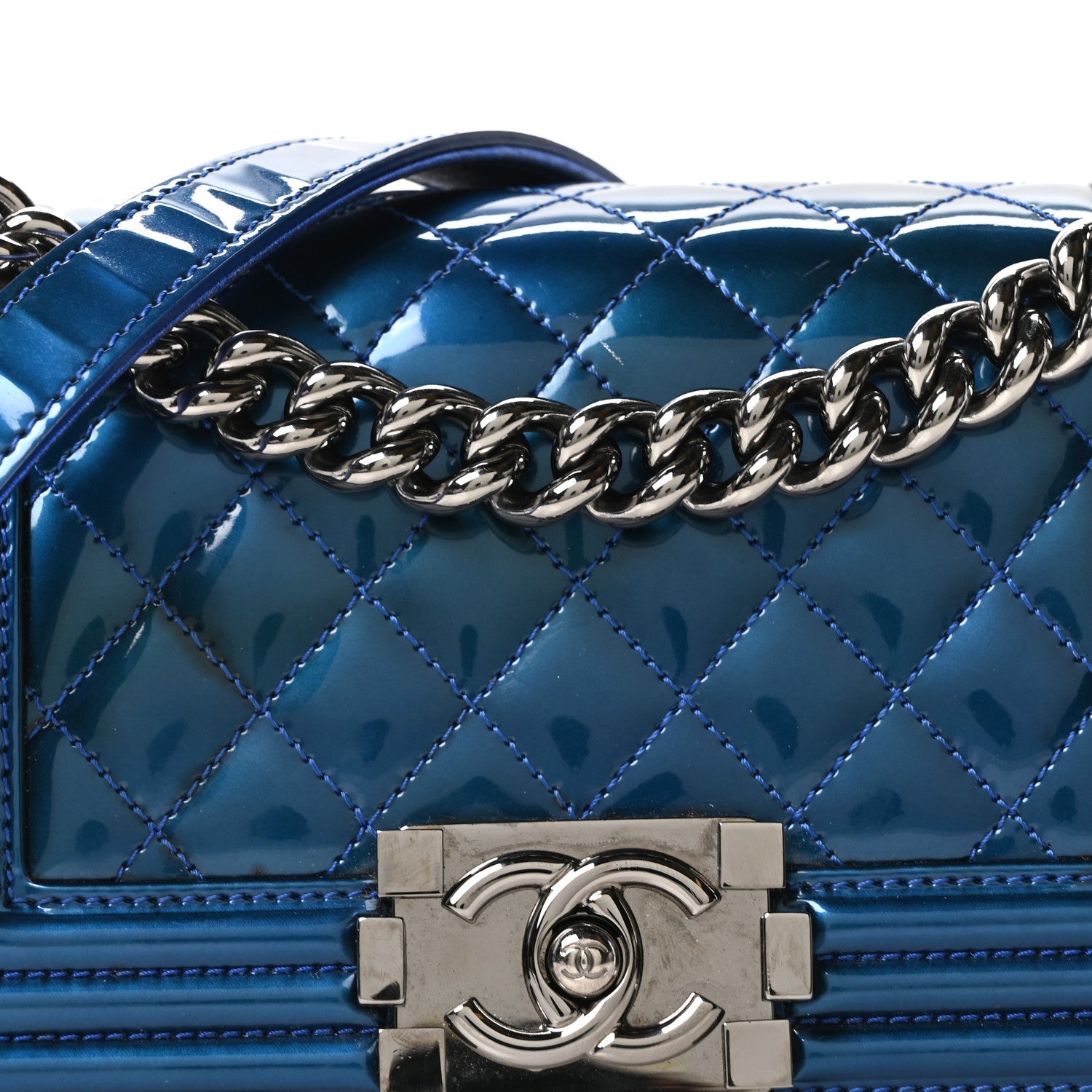 Metallic Patent Calfskin Quilted Small Boy Flap Blue
