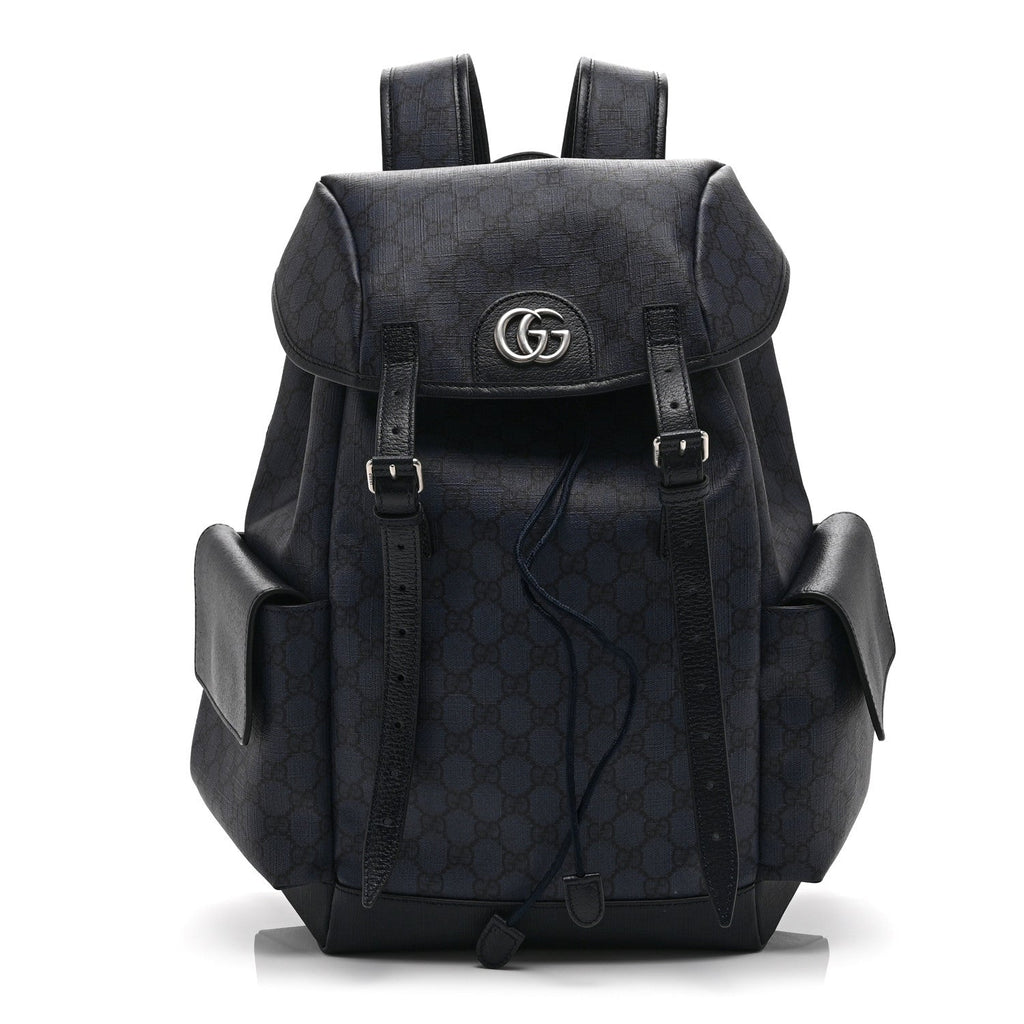 GG Supreme Monogram Textured Dollar Calfskin Medium Ophidia Double Buckle Backpack Blue Dark Blue Black