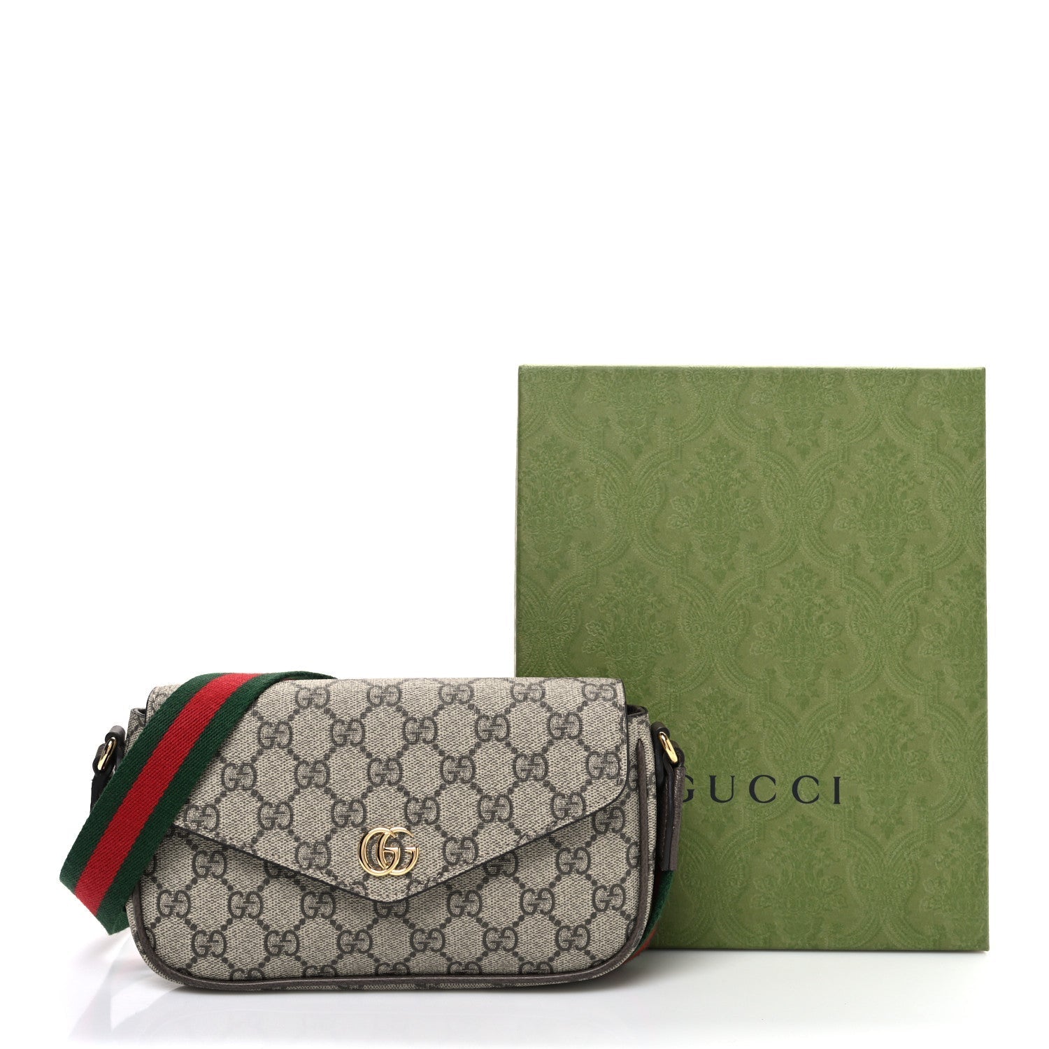 GG Supreme Monogram Textured Dollar Calfskin Web Mini Ophidia Envelope Shoulder Bag Beige Ebony New Acero