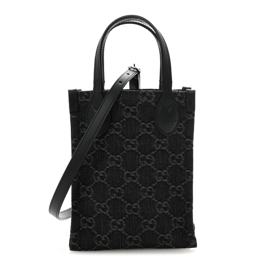 Denim Cuoio Harness GG Monogram Mini Ophidia Tote Bag  Black Medium Grey