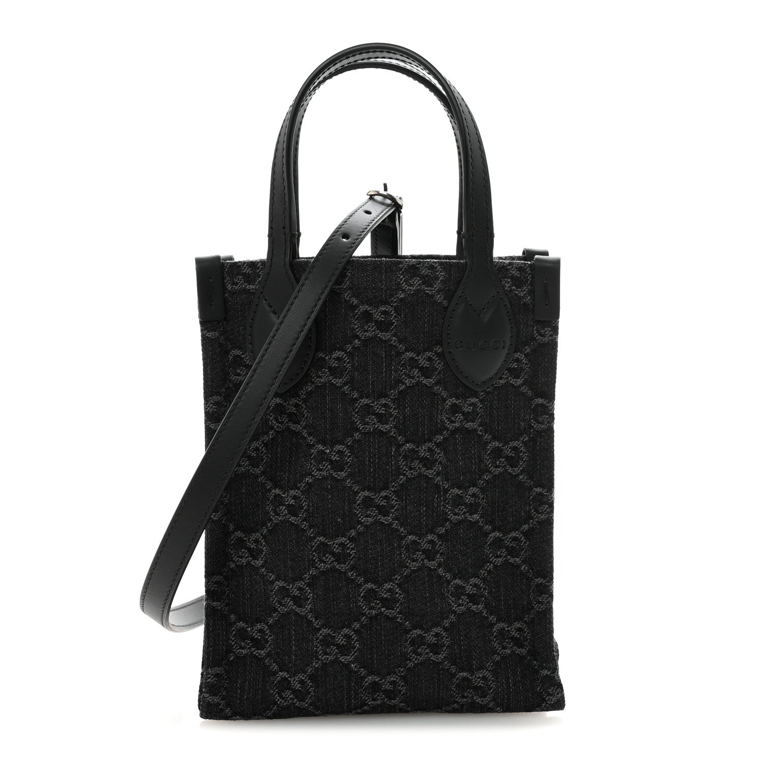 Denim Cuoio Harness GG Monogram Mini Ophidia Tote Bag  Black Medium Grey