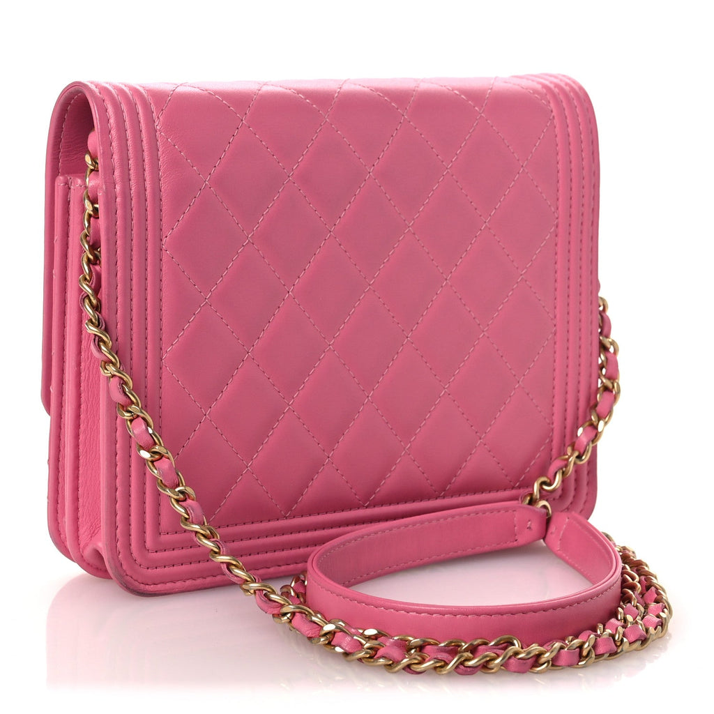 Lambskin Quilted Boy Square Wallet on Chain WOC Pink