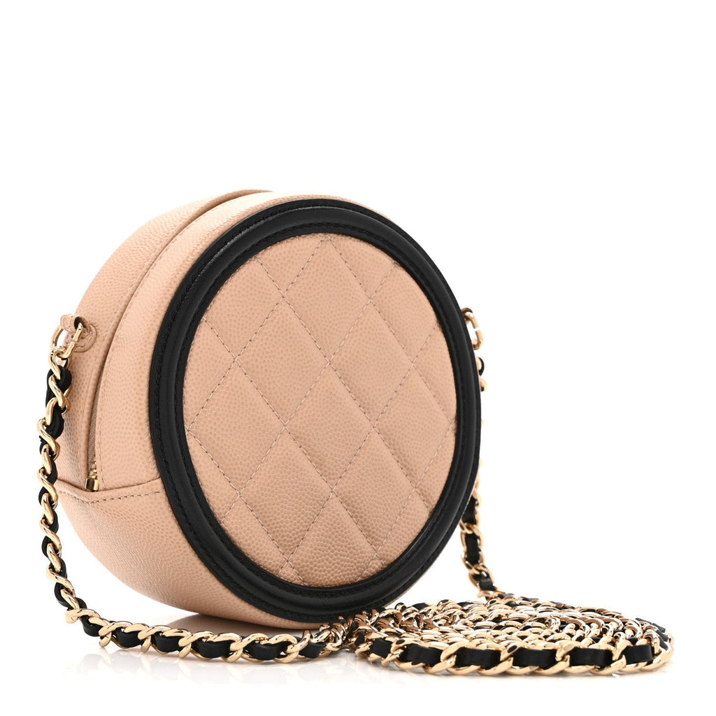 Caviar Quilted Round Filigree Crossbody Beige Black