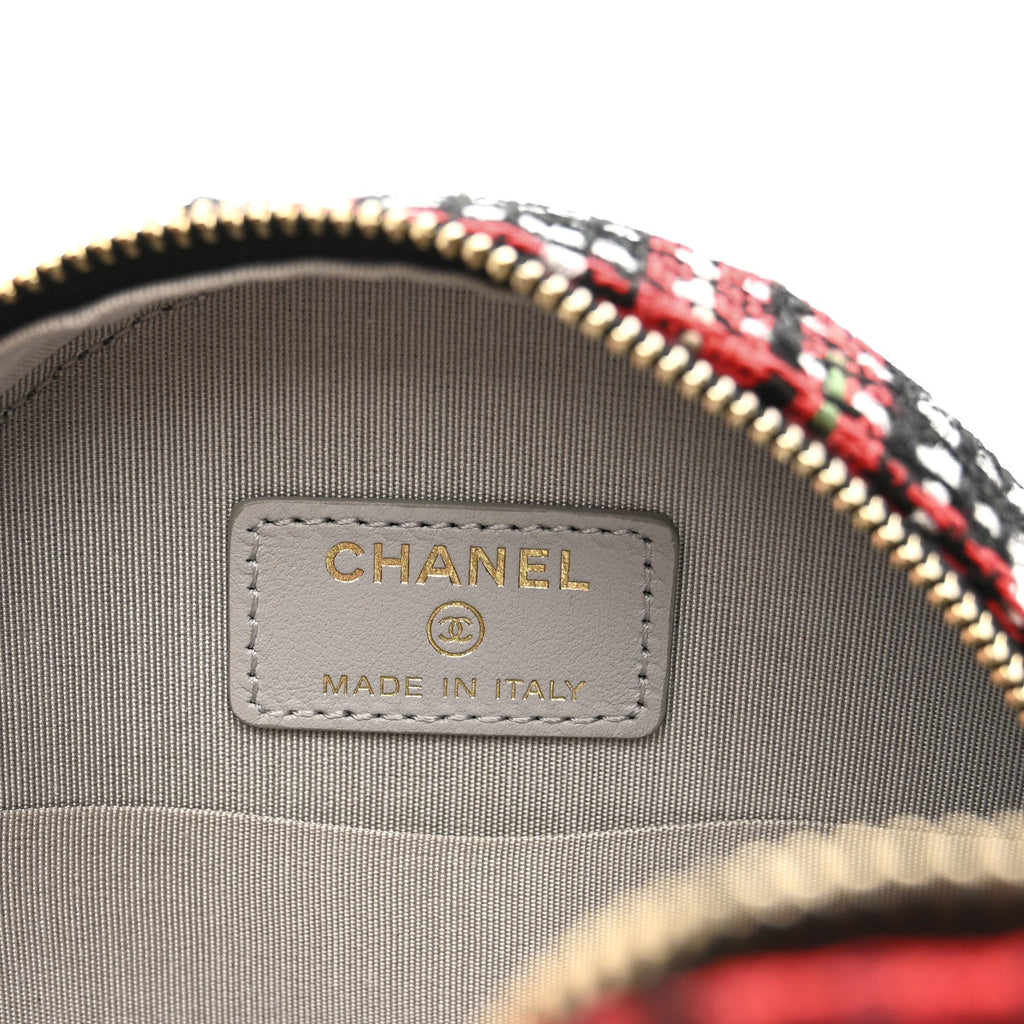 Tweed Quilted Chanel 19 Round Clutch With Chain  Red Black White Green