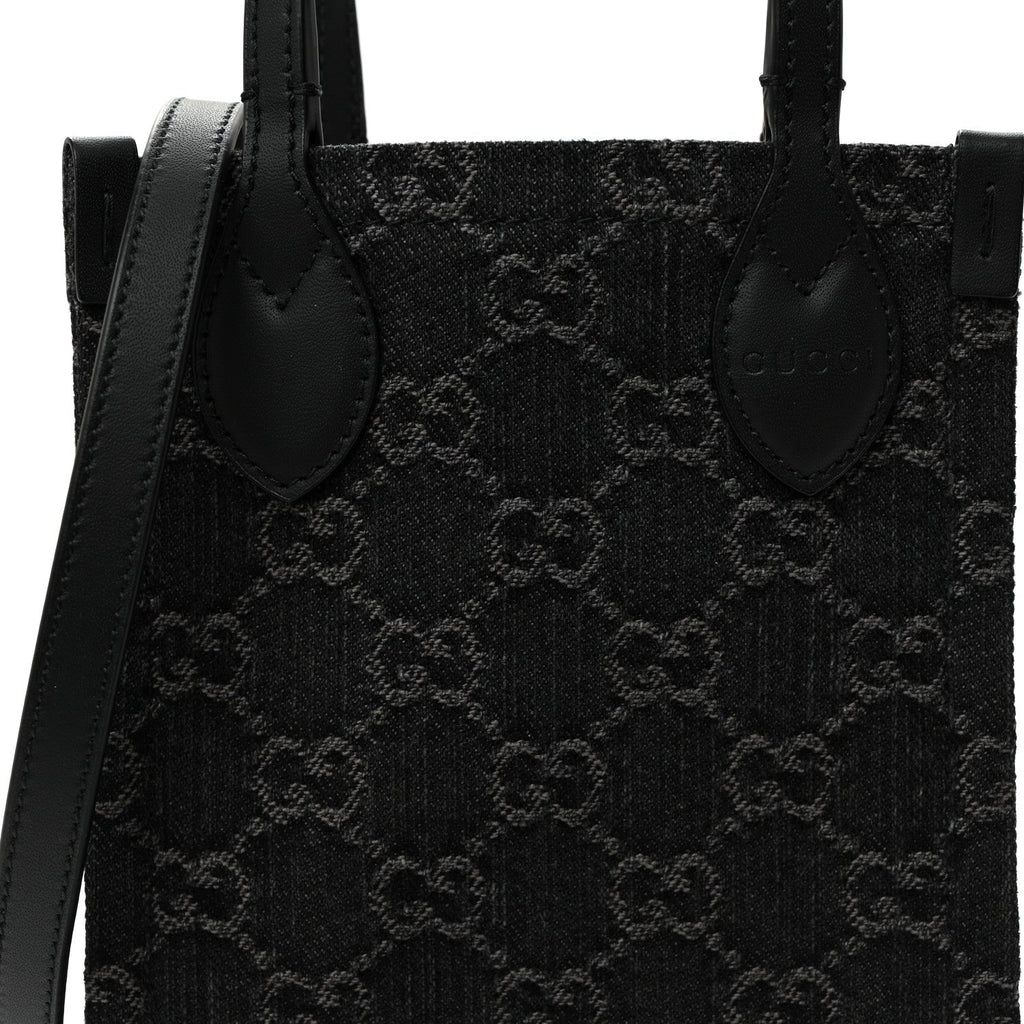 Denim Cuoio Harness GG Monogram Mini Ophidia Tote Bag Black Medium Grey