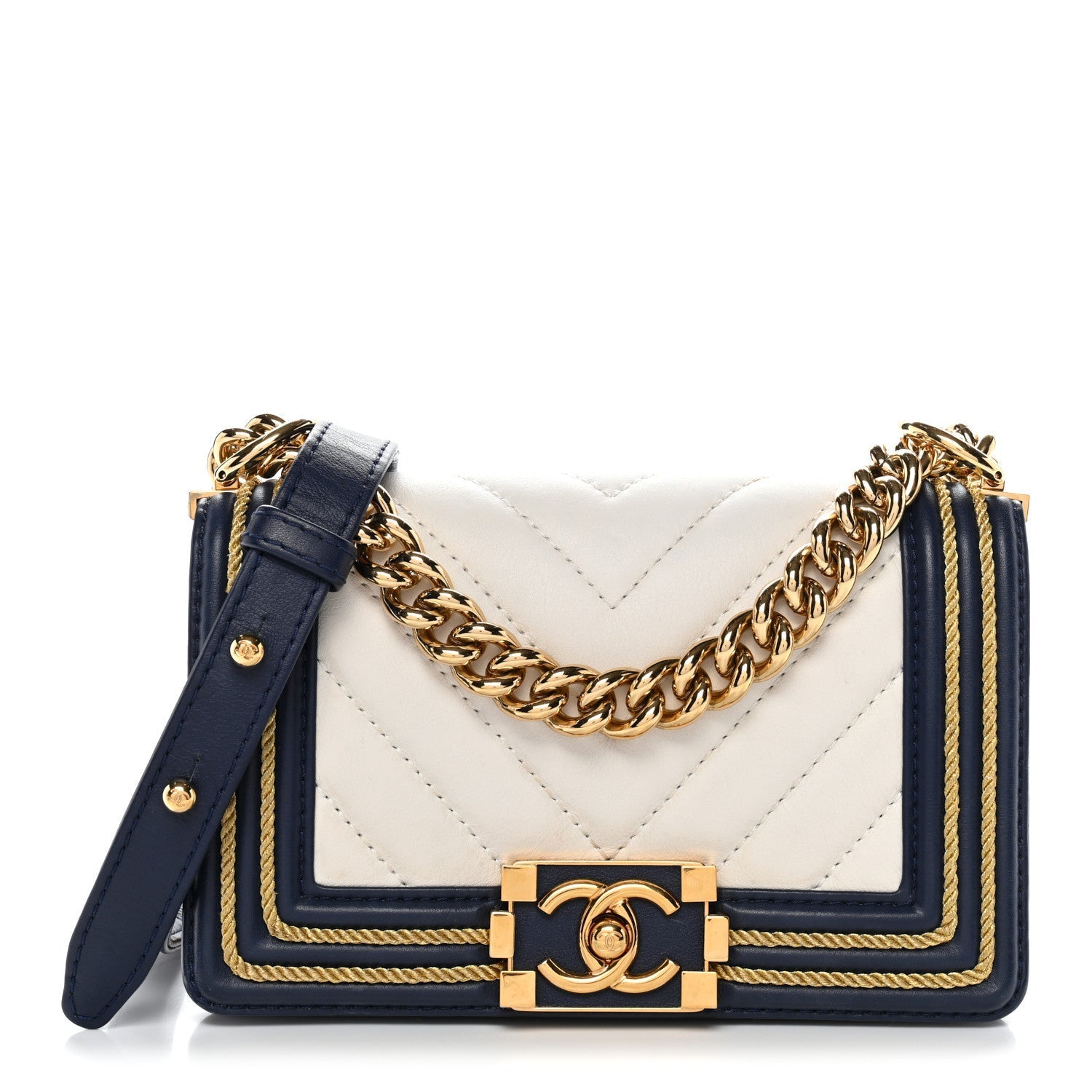 Calfskin Chevron Quilted Braided Small Boy Flap White Navy