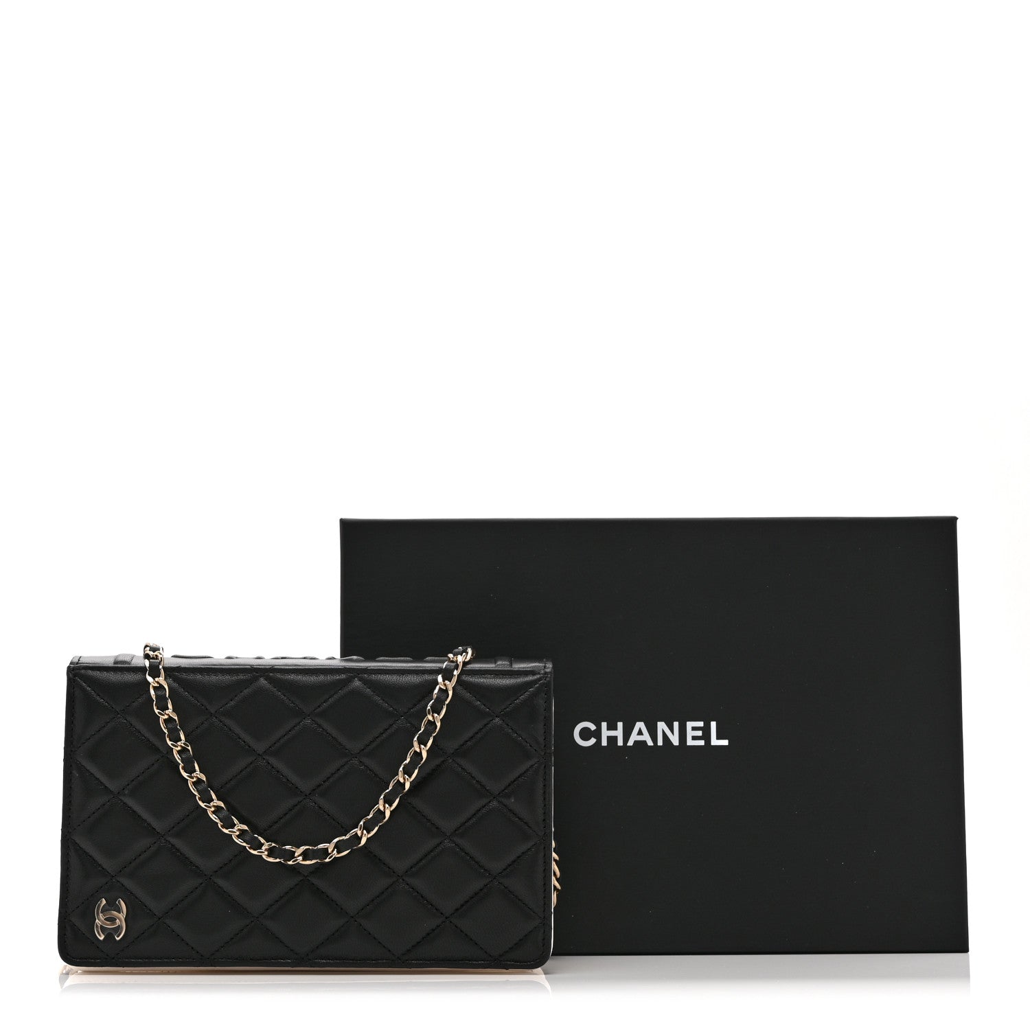 Lambskin Quilted Book Wallet On Chain WOC Black