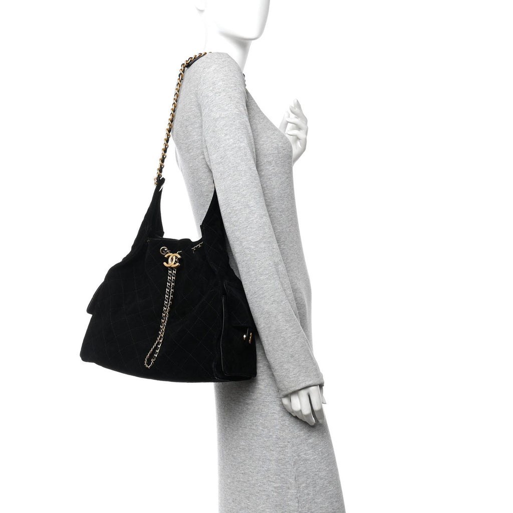 Suede Quilted Medium Chanel 25 Handbag Black